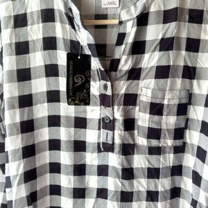 Global fashion lady's black and white plaid 3/4 sleeve blouse xl